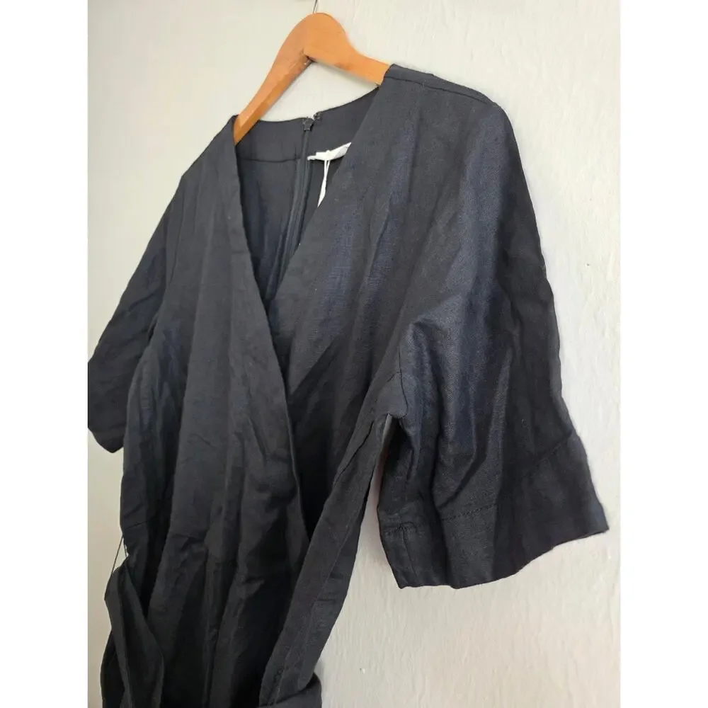 NEW Everlane The Wrap Linen Black Wrap-Front Wide-Leg Short Sleeve Jumpsuit 8